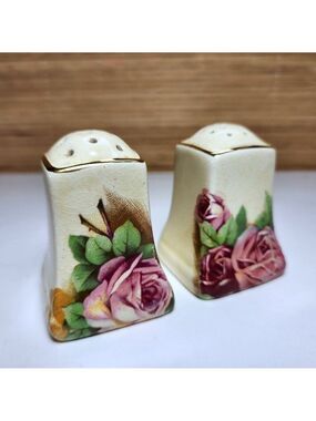 Vintage English Porcelain Salt and Pepper Shakers Pink Roses Gold Trim England
